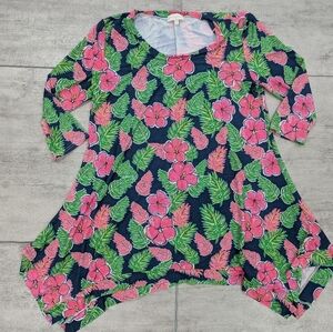 Simply Southern Women's Hawaiian Hibiscus Floral Pink Green Tunic Top Medium